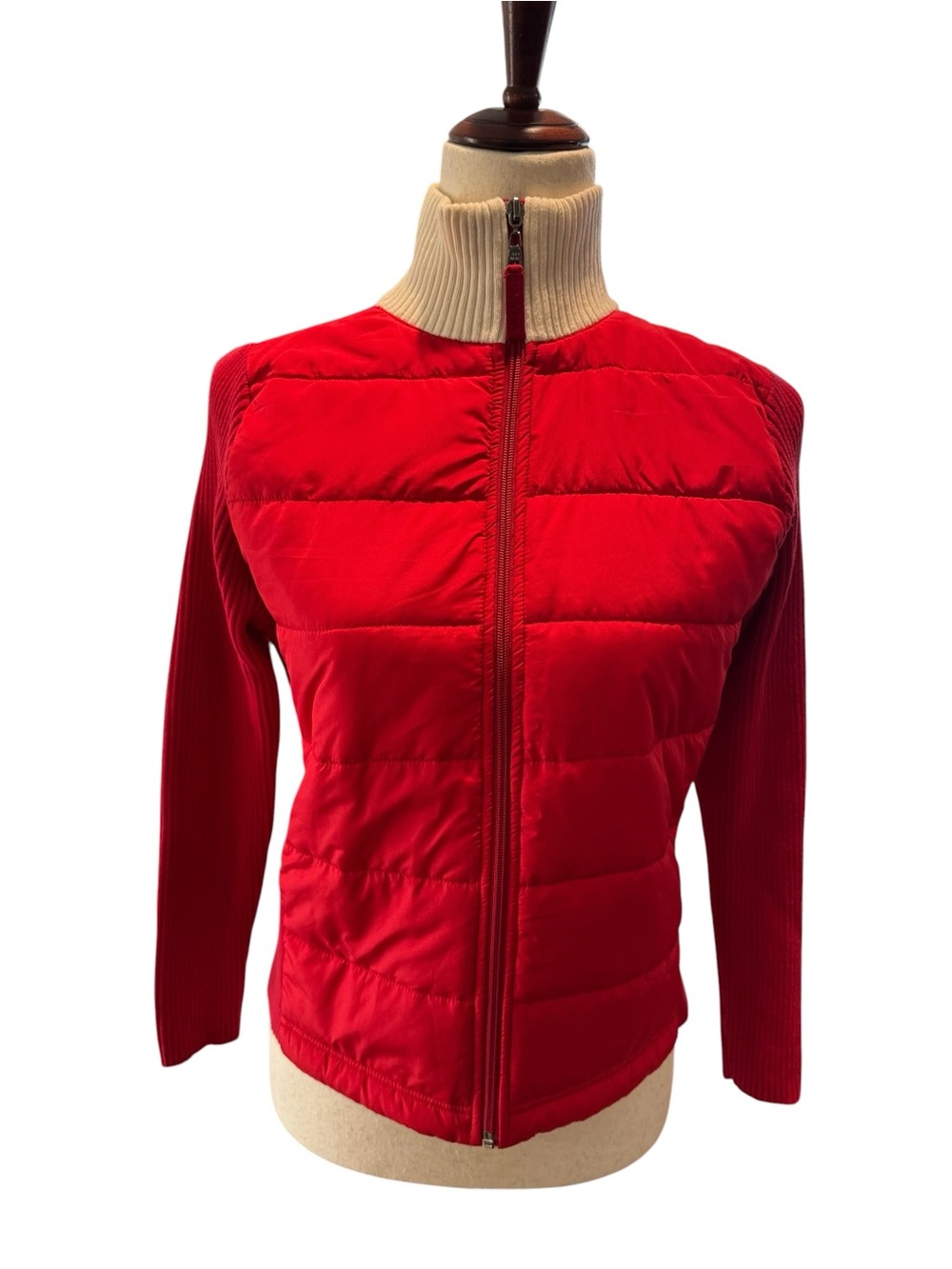 Prada Red Quilted Front Zip Jacket with Cream Ribbed Stand Collar